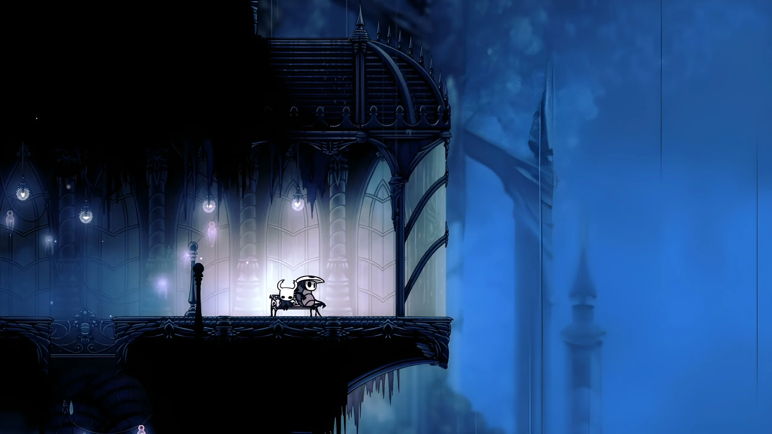 A still from the video game hollow knight with the knight and quarrel are sitting on a bench near a long window overlooking the city of tears where rain never stops